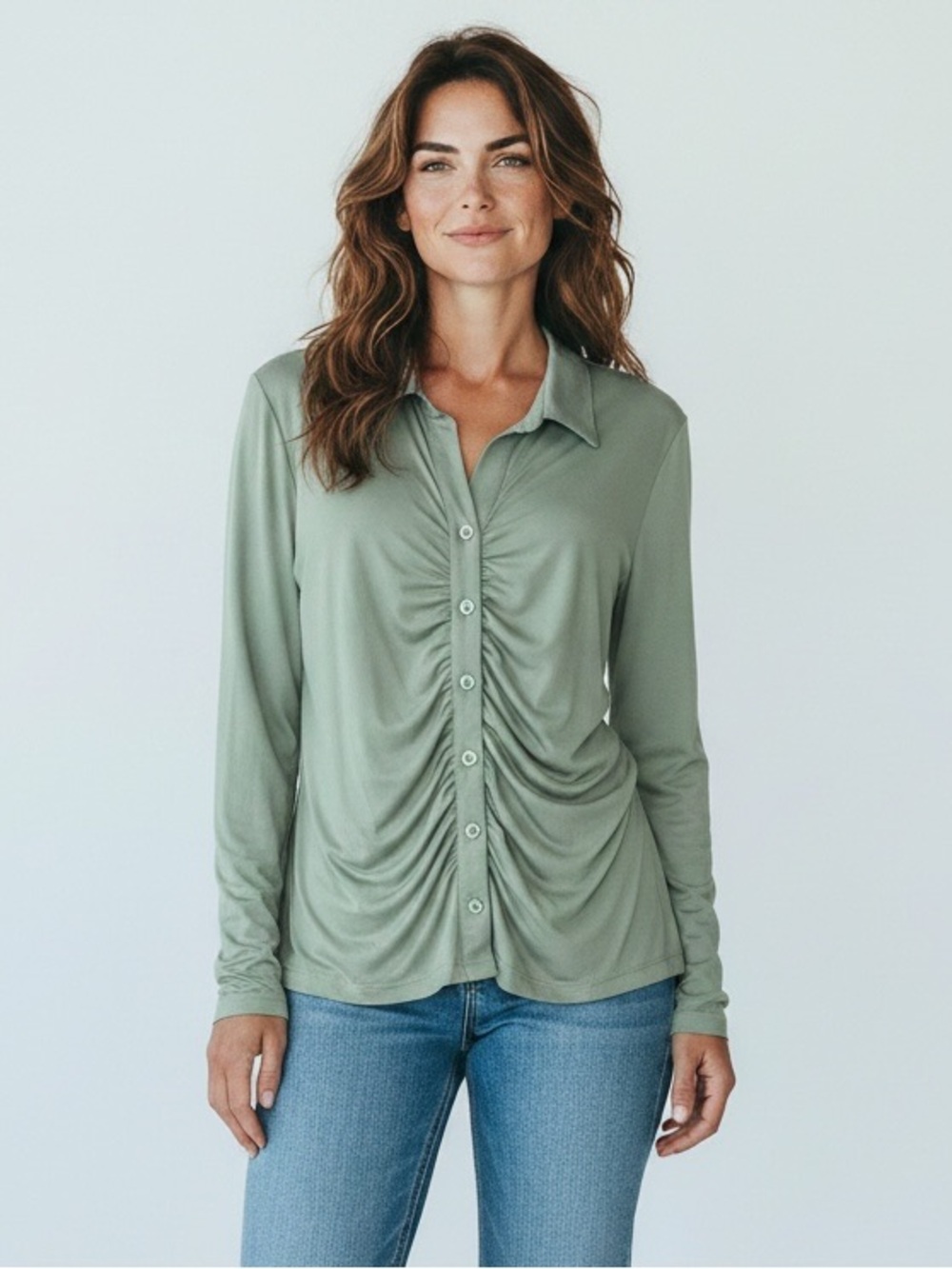 Simply Vera Vera Wang Sage Green Ruched Button-Front Blouse XL #2332